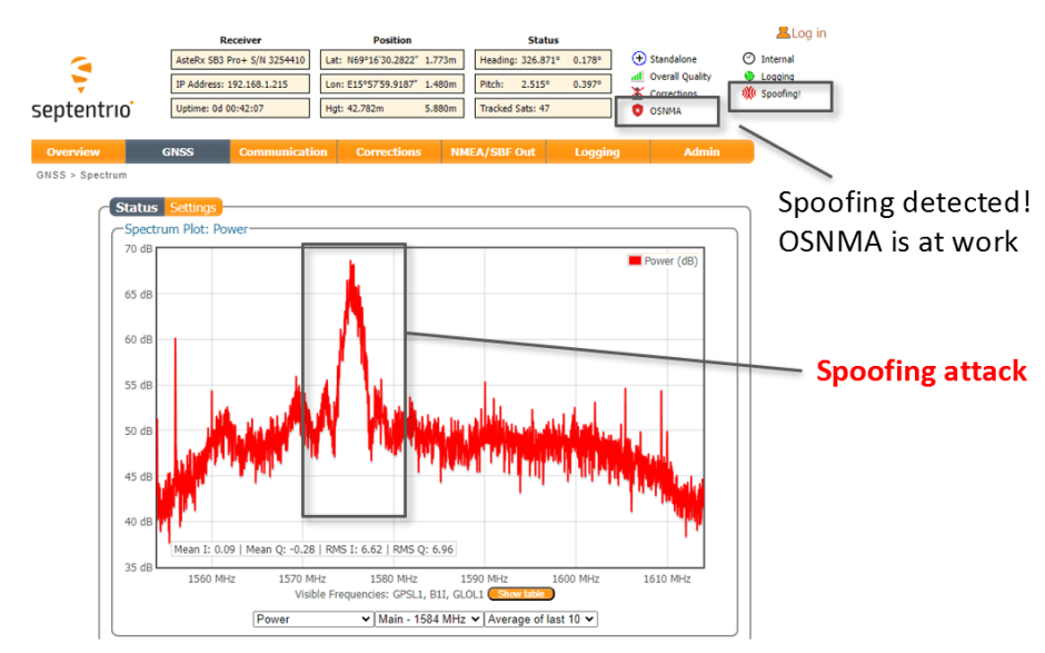 GPS spoofing detection on Septentrio GNSS receiver - web user interface