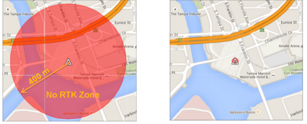 Chirp jammer interferes with GNSS signals in a 400m radius. Left images: without AIM+  Right image: with AIM+ on