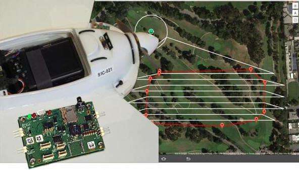 Screenshot of mission planning software, the payload bay of the Smartplanes Freya drone with camera along with the installed Septentrio AsteRx-m UAS GNSS receiver