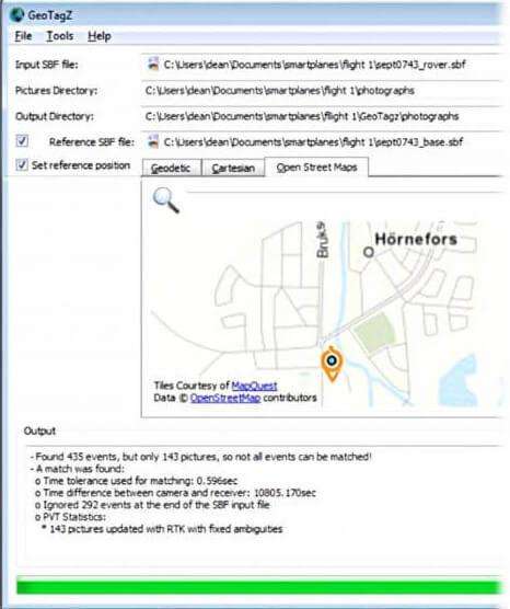 A screenshot of the GeoTagZ post processing software which replaces the georeferencing on the images with cm-level RTK positions.